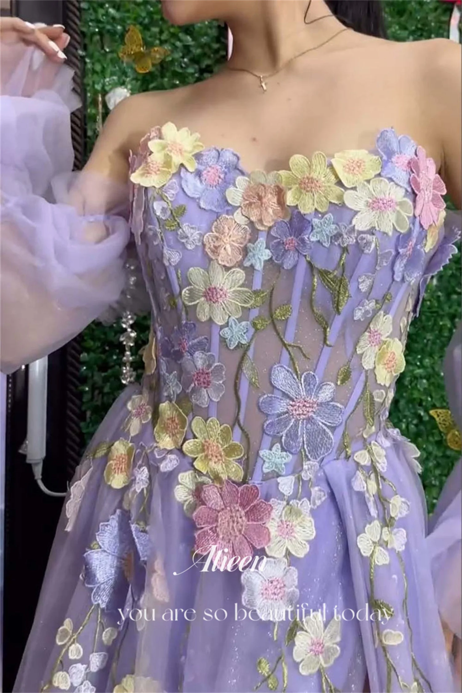 Aileen-Robe de Soirée Personnalisée à Manches Bouffantes pour Femme, Tenue de Bal Élégante et Luxueuse à Fleurs 3D, Violet