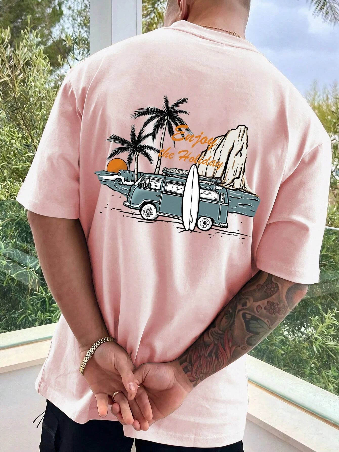 Stylish Vacation Inspired Tee Featuring Vintage Camper Van and Surfboard Art 100% Cotton Men's T-shirt Summer Casual Wear