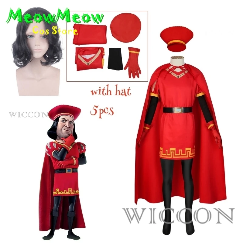 

Lord Farquaad Cosplay Anime Costume Uniform Cloak Glove Hat Set Medieval Cosplay Halloween Party Red Outfit For Kid Women Men