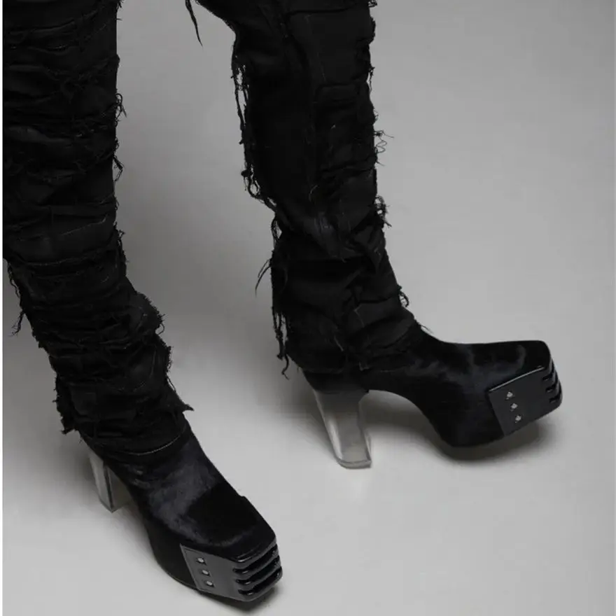 2024ss High Heel Street Kiss Boots Exclusive Customized Horse Hair Crystal High heels Boots