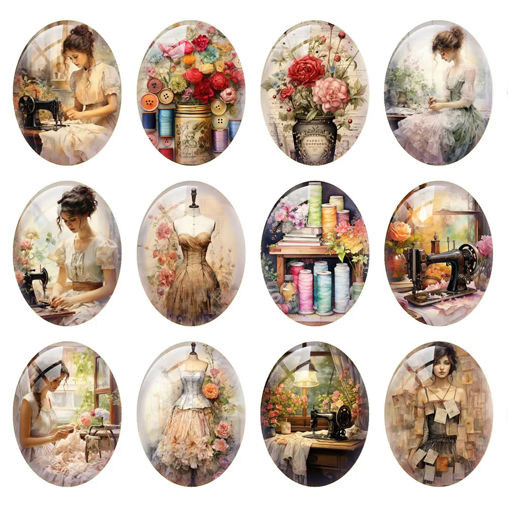 Random Mixed Round/Oval/Square Vintage Tailor Dressmaker Lady Photo Glass Cabochon Flatback Demo Cameo For Diy Jewelry Making