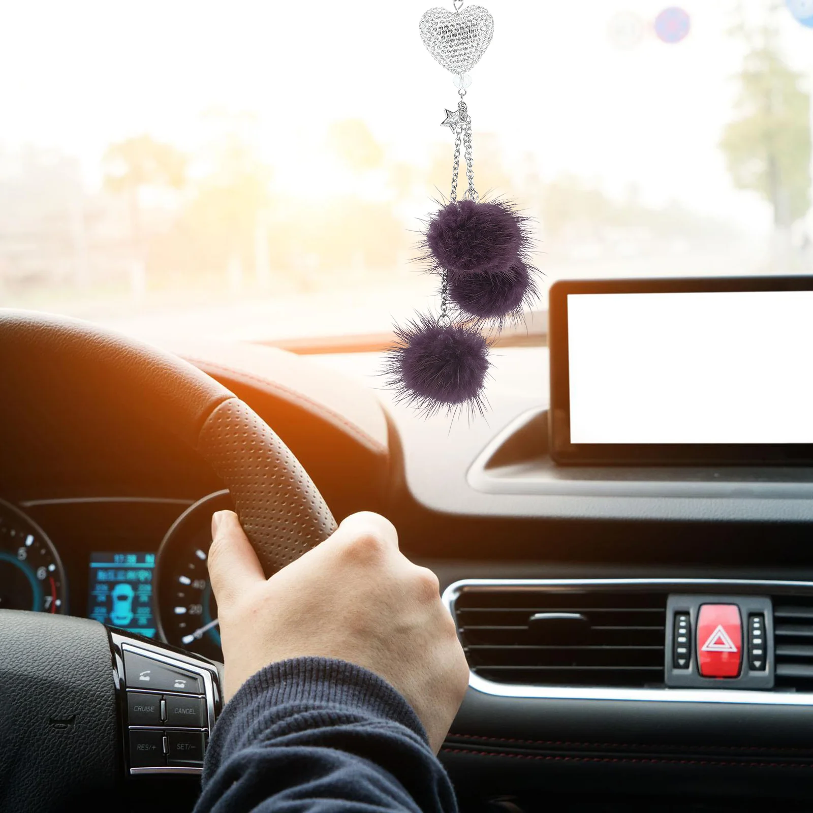 

Peach Heart Car Hanging Ornament Purple Rhinestone Ball Tassel Rearview Mirror Decor Interior Accessories