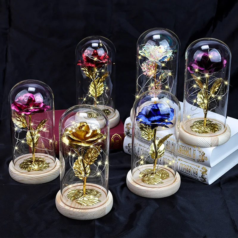 Christmas Gift Eternal Rose in a Glass Dome With Light Home Decor Artificial Gold Foil Flower Wedding Birthday Valentine Presen