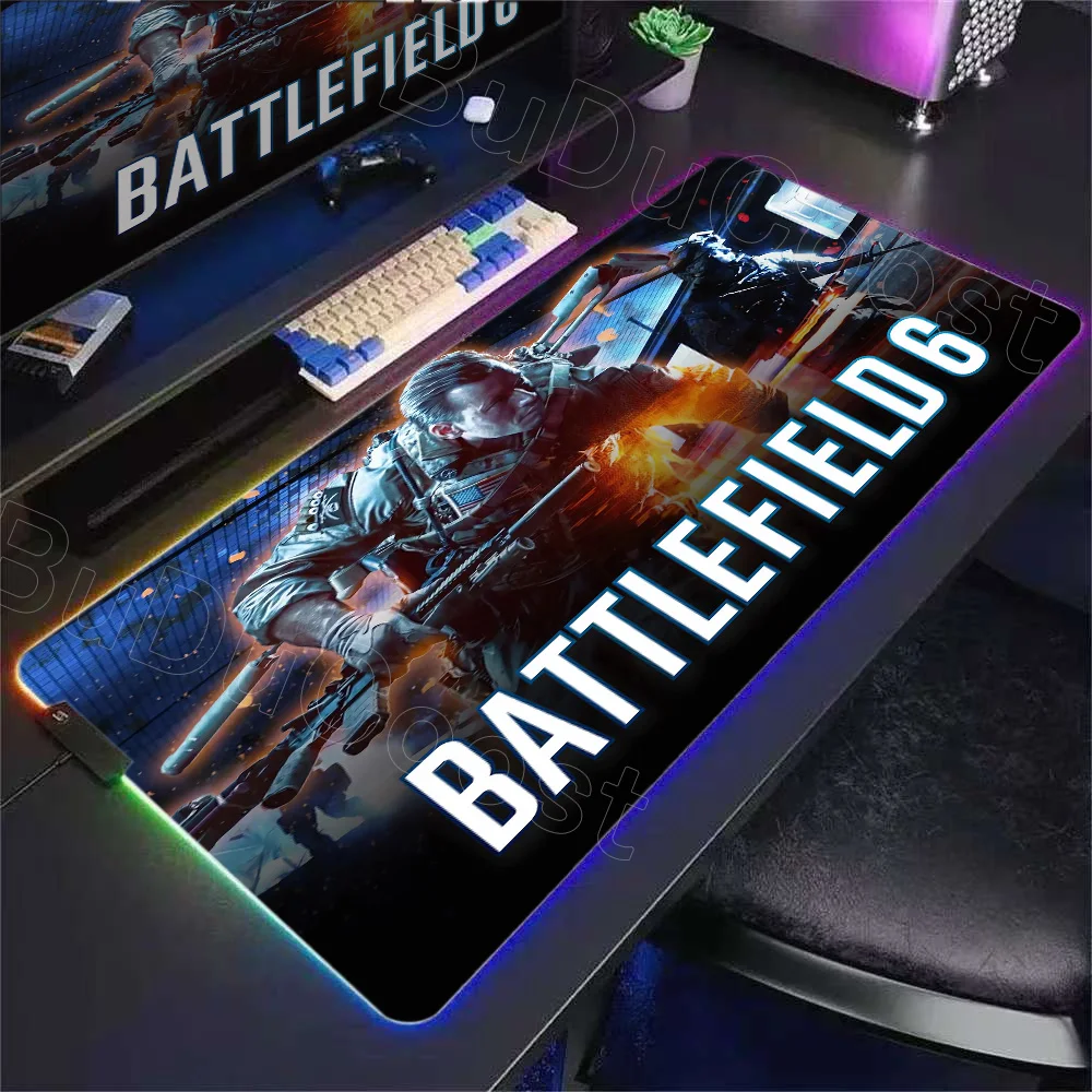 แผ่นรองเมาส์เกมเมอร์ RGB ใหม่ แบ็คไลท์ B-Battlefield 6 แผ่นรองเมาส์มีไฟ LED อุปกรณ์เสริมสำหรับเล่นเกม แผ่นรองเมาส์ขนาดใหญ่