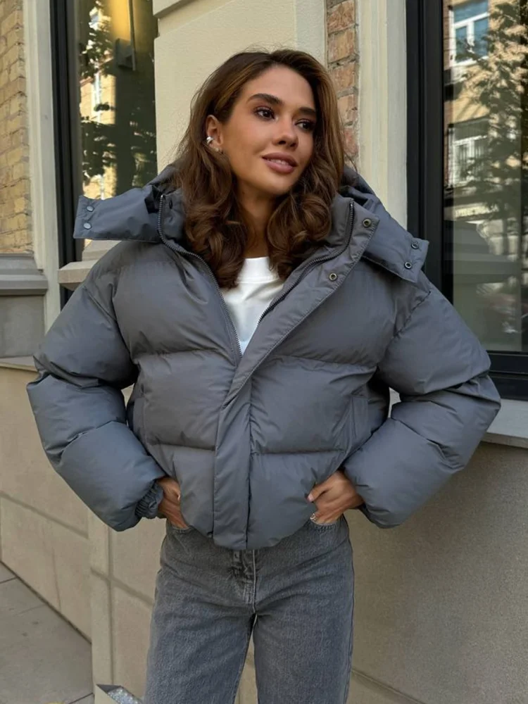 Women Cropped Hooded Puffer Jacket Loose Oversized Long Sleeve Zip Up Short Padded Coat 2026 Warm Winter Daily Street Streetwear