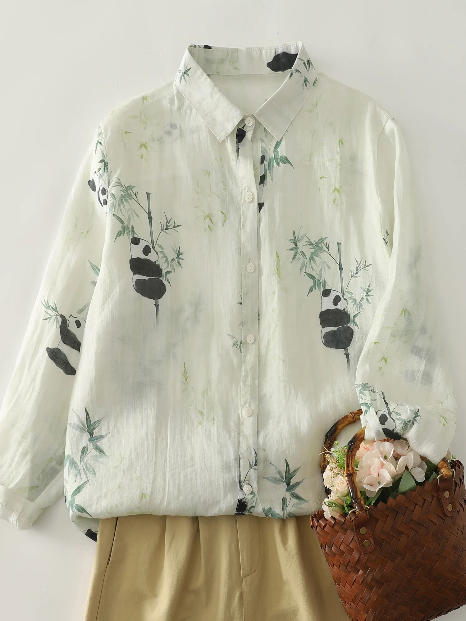 

Artistic Flax Panda Bamboo Cotton Linen Long Sve Women's irt Commute Versatile Top Flax Base irt Casual Loose Fit