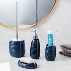 Blue Ceramic Bathroom Kit Wash Set Mouth Cup Lotion Bottle Soap Dish Toilet Brush Bathroom 4-Piece Set Decoration Accessories