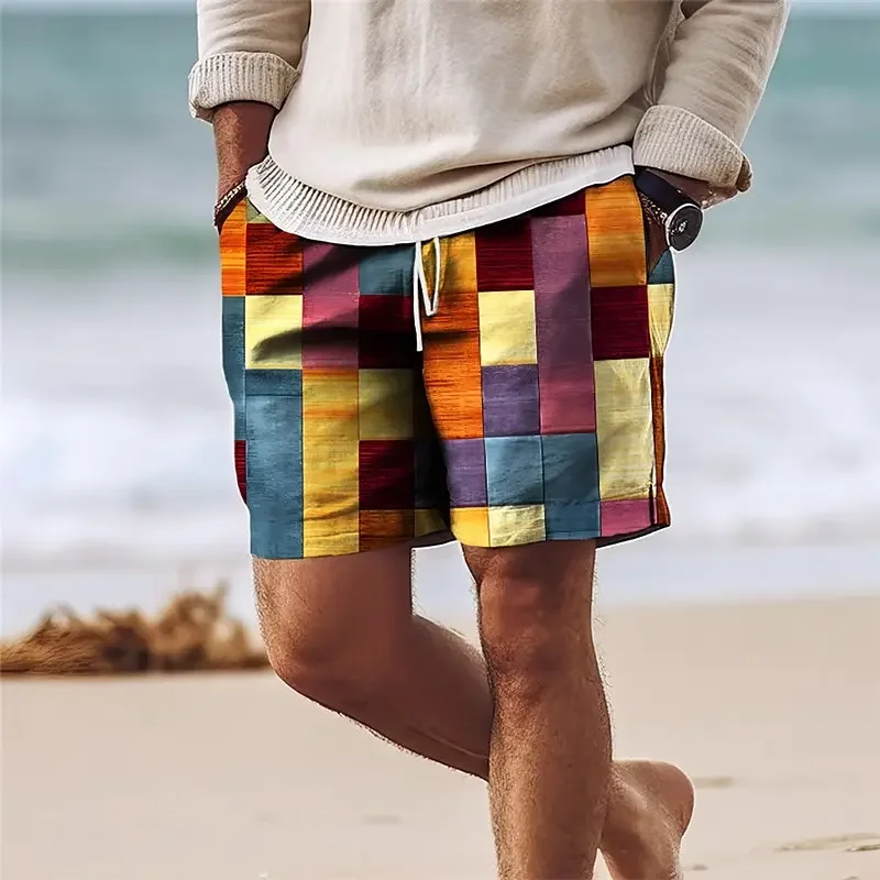 Casual Colourful Plaid Printed Shorts with Pocket Summer Men\'s Outdoor Daily Sports Shorts Large Size Loose Holiday Beach Trunks