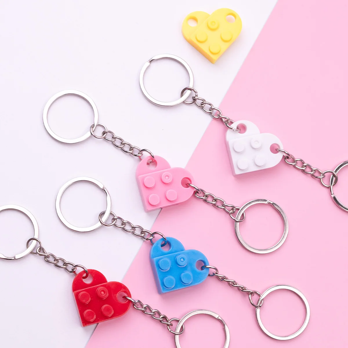 2Pcs Cute Love Heart Brick Keychain for Couples Friendship Women Men Girl Boy Lego Key Ring Birthday Gift For Kids Girlfriend