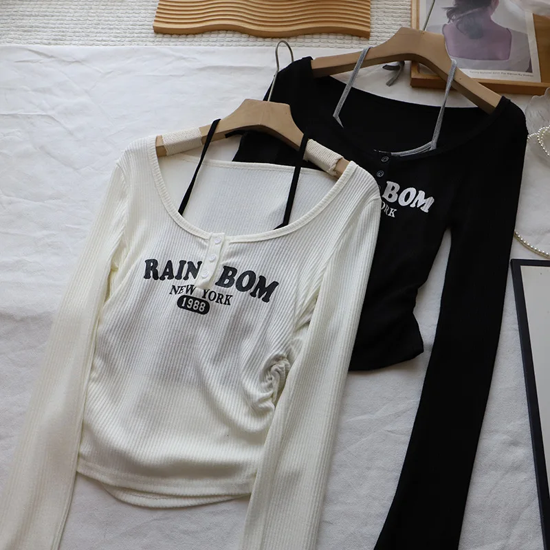 Amerikanischen Brief Drucken Neline Lange Sve ort T-shirt Frauen Frühen Herbst Neue Sle Abnehmen ort oulder Bared Top