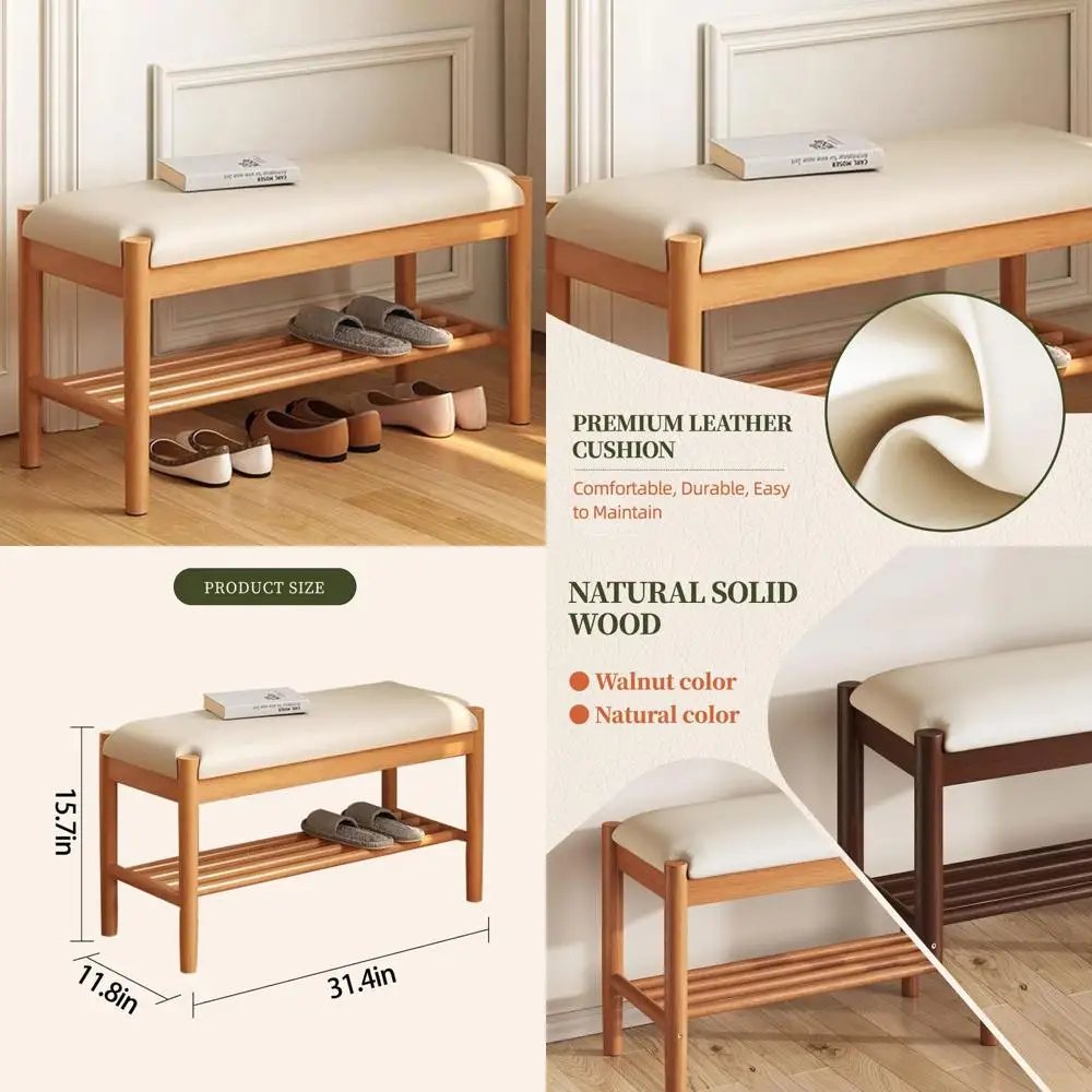 

Natural Wood 2-Tier Shoe Storage Bench with Cushion for Entryway