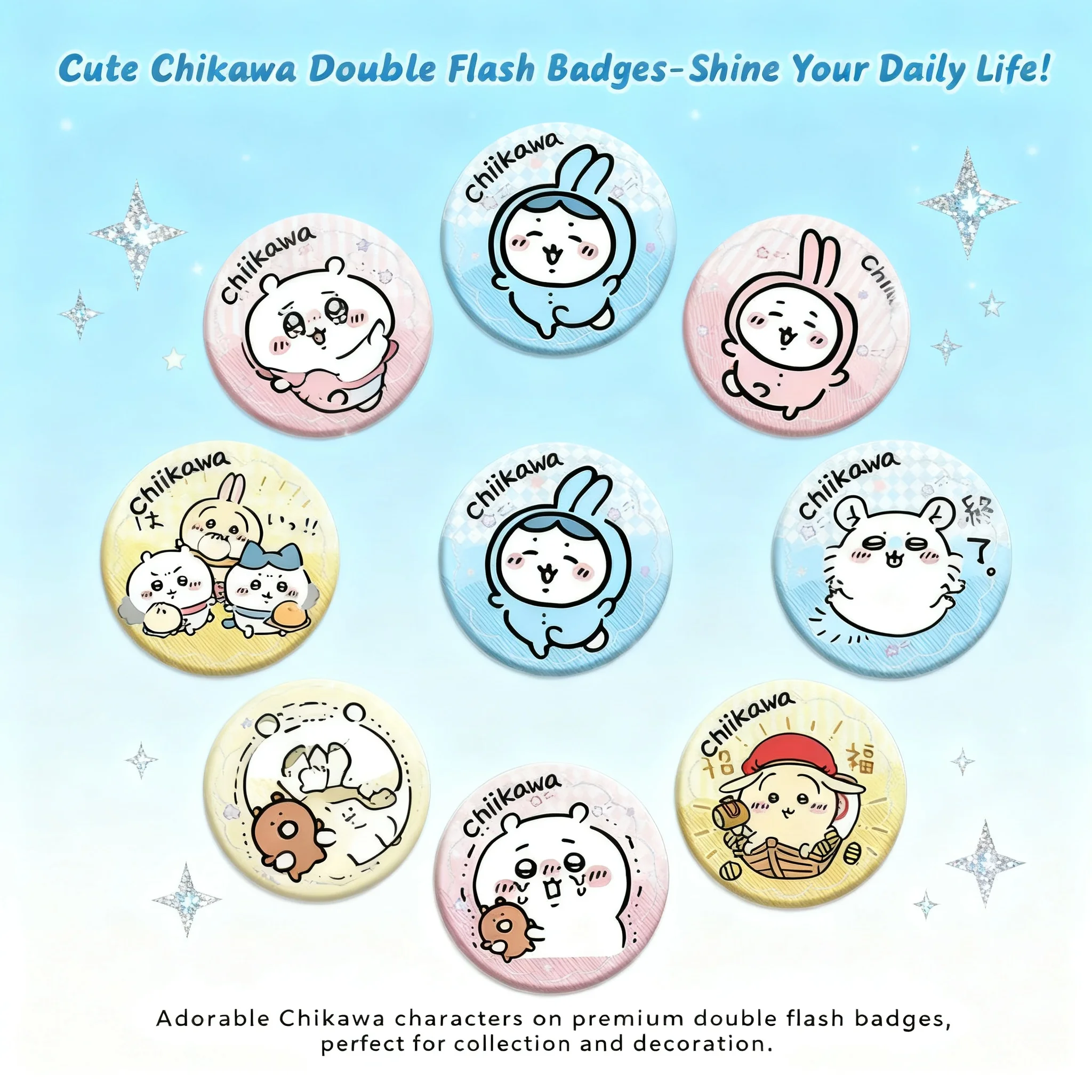 

Значок Chiikawa Double Flash, новый дизайн, 75 мм, 58 мм, жестяной, аниме, манга, косплей, аксессуары, коллекционный подарок для фанатов