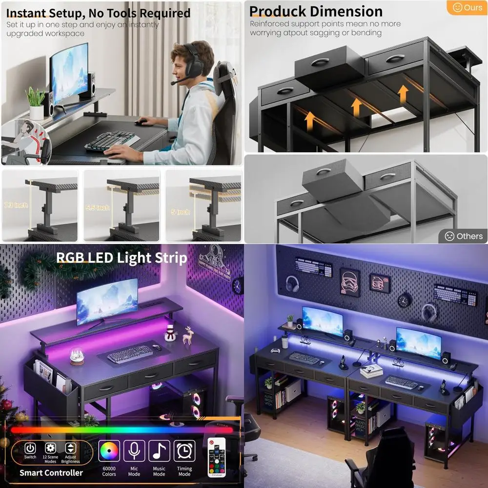 مكتب ألعاب 47 مضاء بإضاءة LED مع منافذ طاقة و3 أدراج وحامل شاشة قابل للتعديل للمكتب المنزلي والدراسة #1