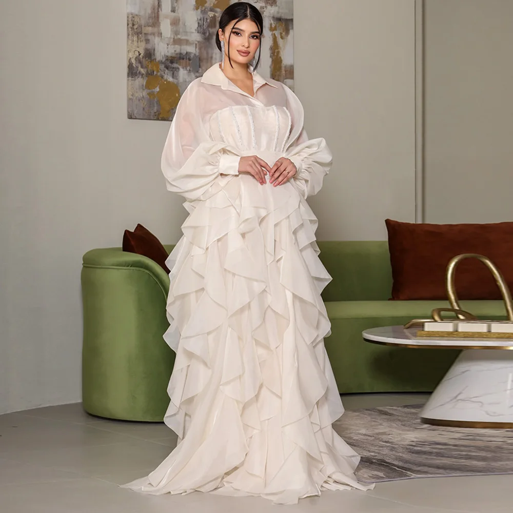 

Customized Ivory Organza Long Sleeves Evening Dress A-Line Formal Long Prom Gowns Elegant V-Neck Sweep Train Party Dress