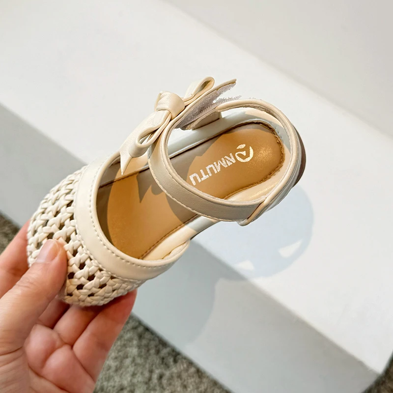 2024 Summer Baby Girls Woven Sandals Children Bow Princess Shoes Kids Barefoot Beach Shoes Soft Sole Anti Slip Infant Sandals