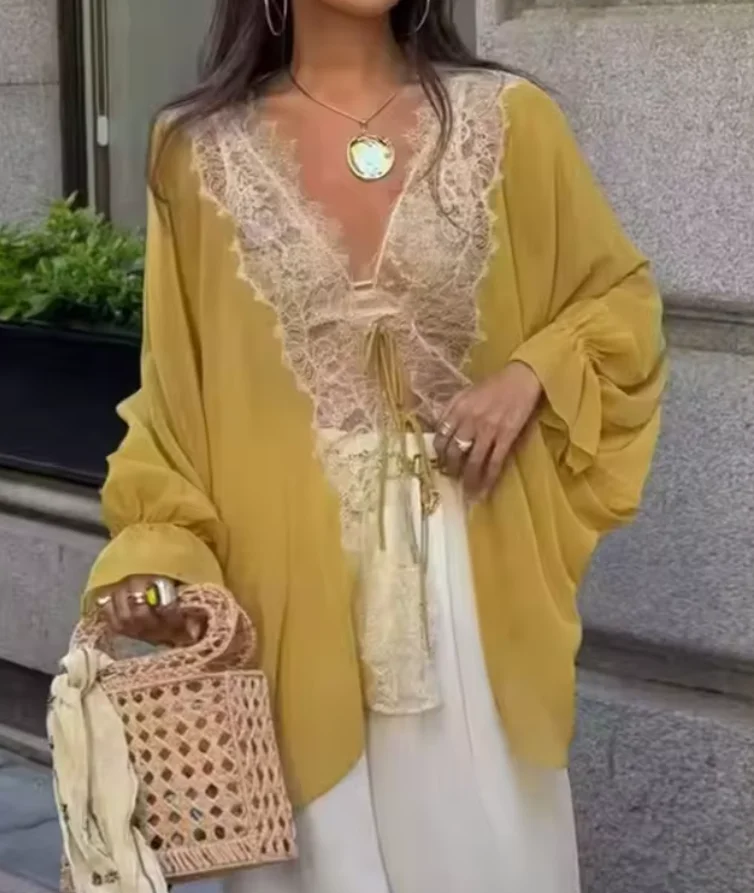 Blusa Kimono de Gasa Transparente Amarillo Mostaza para Mujer con Encaje de Pestañas, Escote en V Profundo, Lazo Frontal, Puños Acampanados y Ajuste Holgado, Estilo Cardigan