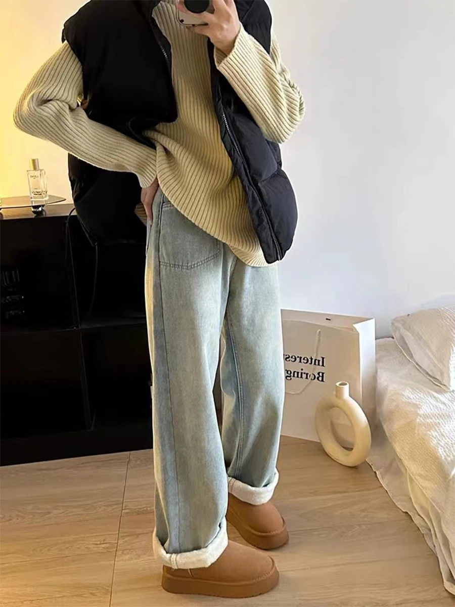 

Джинсы женские зимние с высокой талией, прямые, свободные, широкие штанины, с эффектом самонагрева, синие, больших размеров