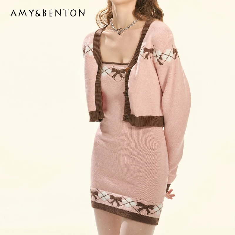 

French Retro Design Pink Brown Diamond Knitted Women's Cardigan Autumn Winter New Sweet Cute Slimming Sling Dresses Set Ladies