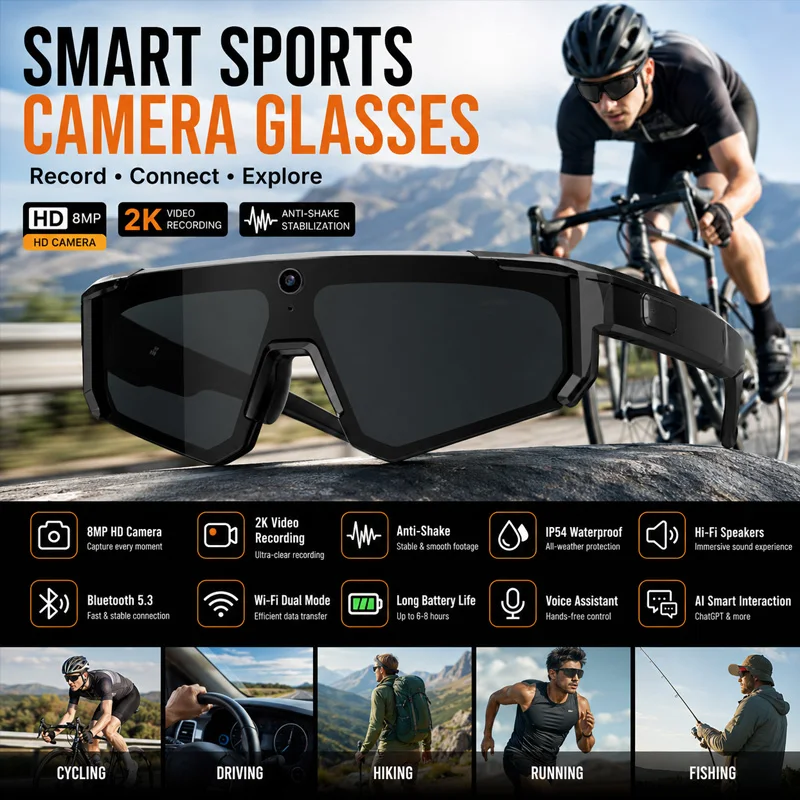 New Cycling Outdoor Glasses 800W HD Camera 360° Surround Sound AI Language Assistant Sports Camera Ergonomic Design Smartglasses