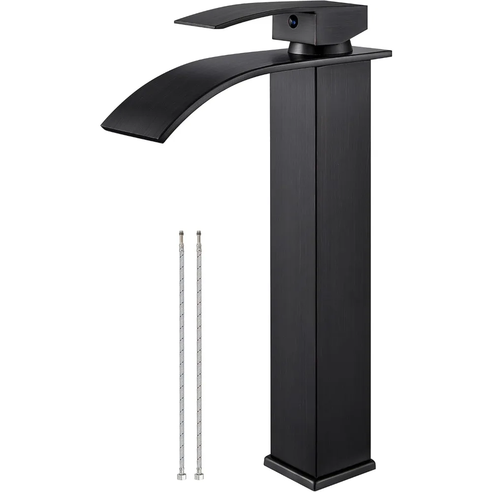 Tall Vessel Sink Faucet Oil Rubbed Bronze, Single Handle Single Hole Tall Waterfall Bathroom Faucet, Deck Mount Mixer