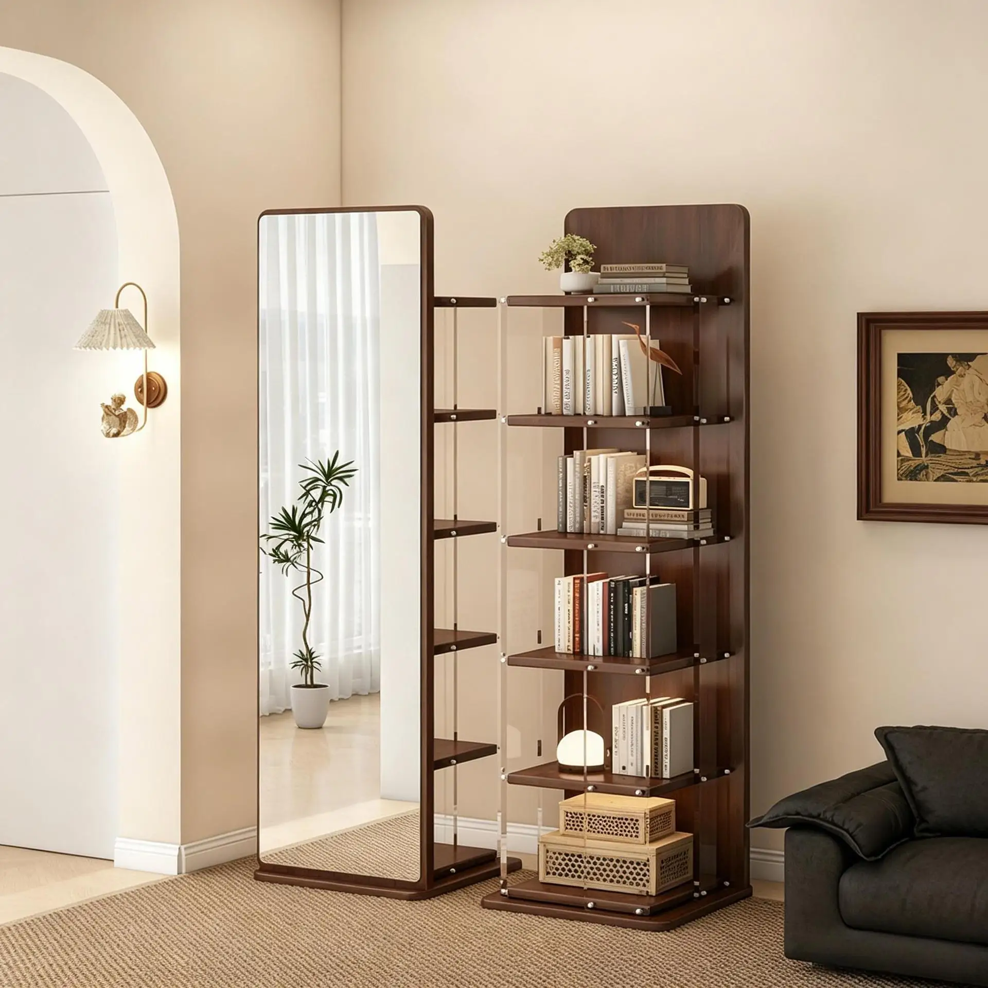 HYS square Nordic wind rotating full-body mirror floor-to-ceiling household bookshelf storage integrated movable