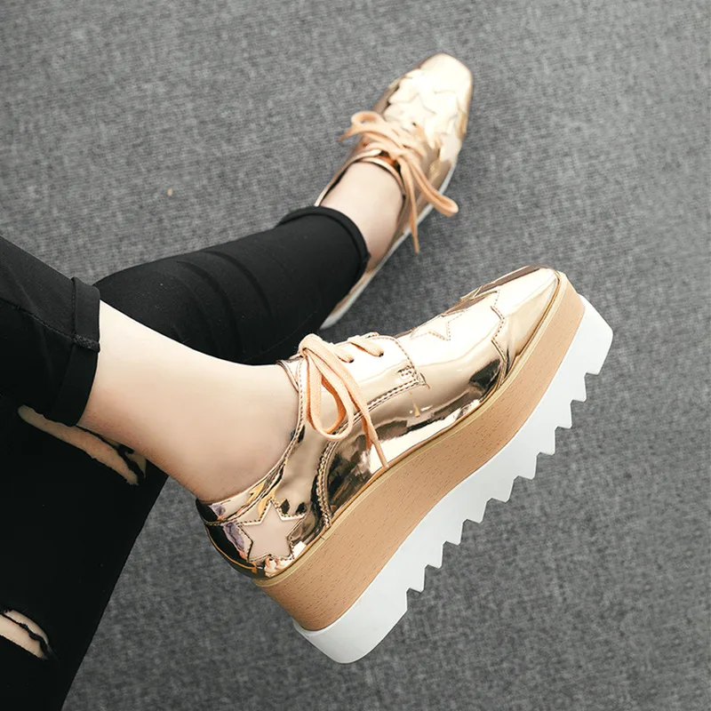

Platform Wedges Shoes Woman Star Patchwork Heightening Oxfords Vintage Lace Up Shallow Square Toe Pumps Thick Bottom Loafers