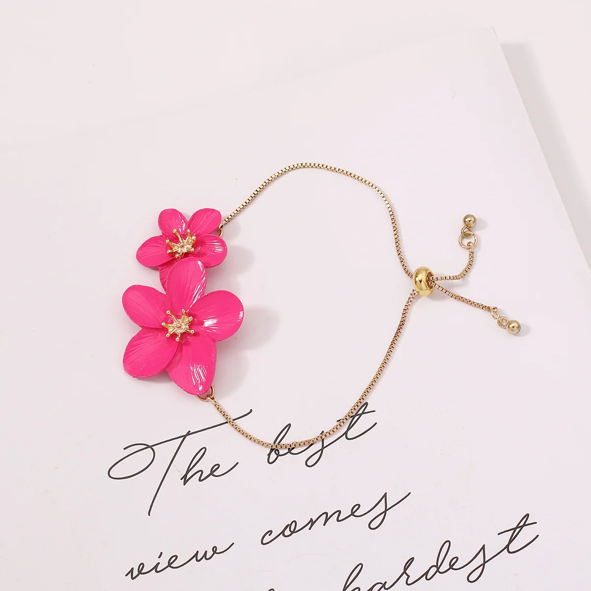 Adjustable Metal Flower Bracelets For Women Fuchsia Color Enamel Summer Style Fashion Jewelry Holiday Accessories Gifts