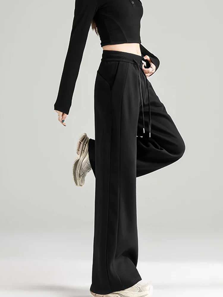 ゾキ プレッピースタイル ブラック スウェットパンツ レディース ヴィンテージ ハイウエスト ルーズ ストレートパンツ 韓国風 カジュアル 秋 レースアップ ワイドレッグ トラウザーズ 新作