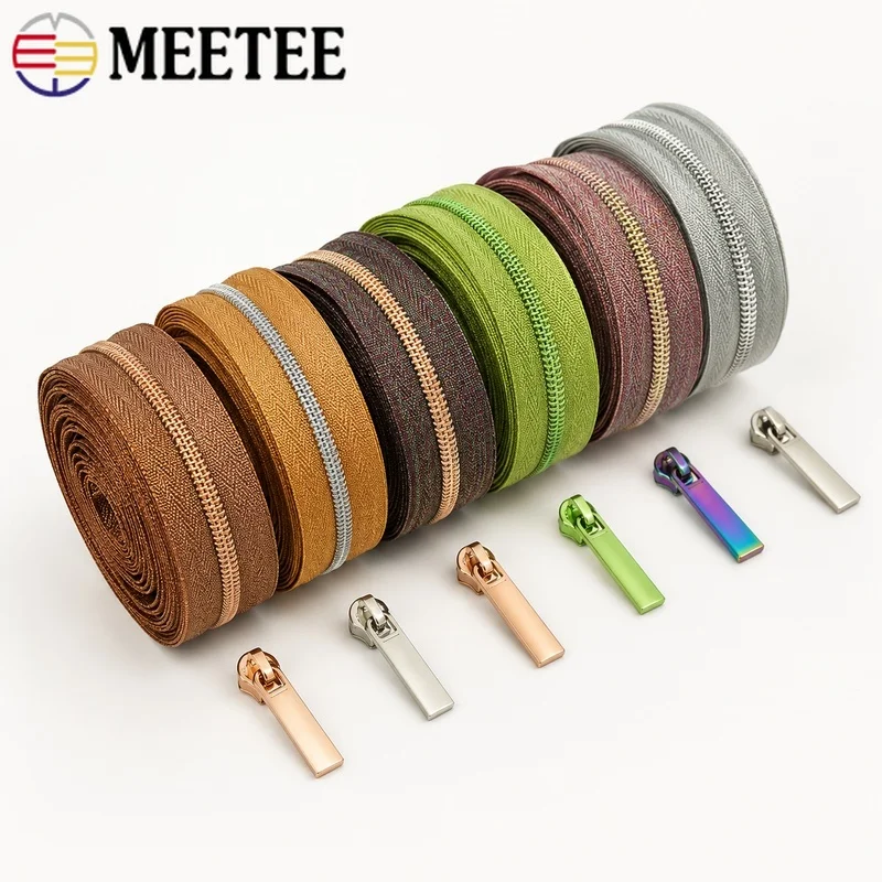 2Pcs/5Pcs/10Pcs 2m/5m/10m 5# Nylon Zipper Tape Slider Set Cut-to-Length Coil Zip Pulls for Garment Handbag Pouch Repair Projects