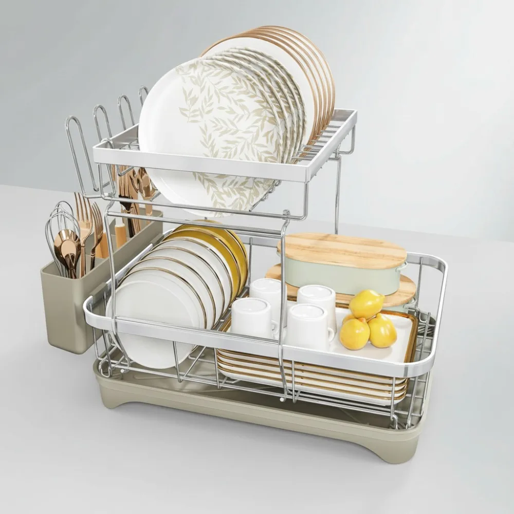 

2-Tier Stainless Steel Dish Drying Rack with Adjustable Drainboard & Utensil Holder, Space-Saving Kitchen Organizer