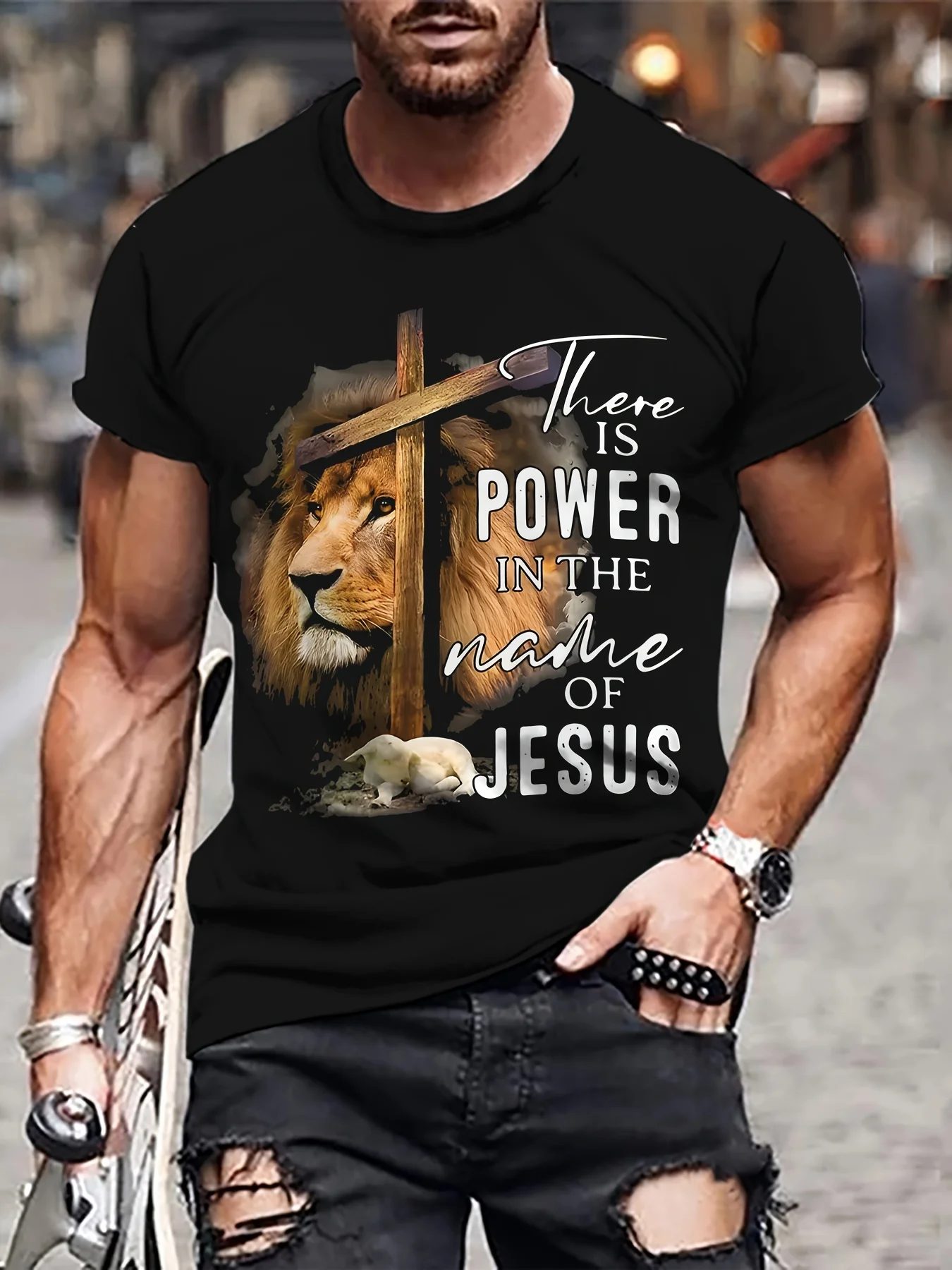 Men's casual round-neck T-shirt, printed with the inspiring Jesus pattern "The Name of Jesus has power" design