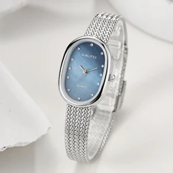 Oval Watch for Women Quartz Wristwatch Luxury Ladies Diamond Ingredient Clock Stainless Steel Blue Sliver Green Dial Retro Reloj