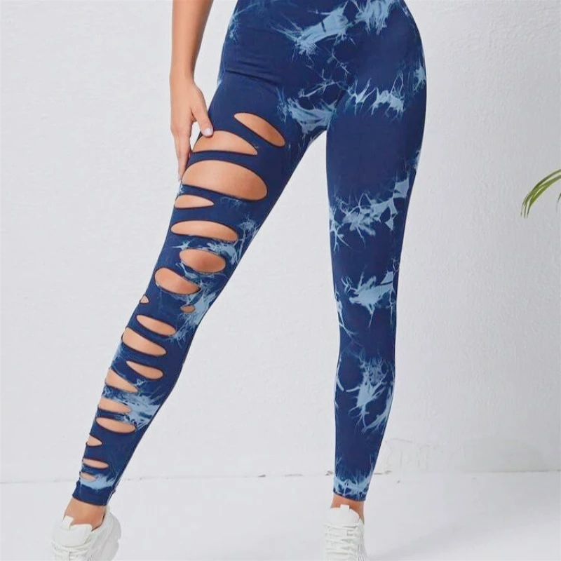 Nahtlose Tie-Dye Ripped Hohl Yoga Hosen Hohe Taille Leggings Hüfte Training Hosen Sport Hosen Frauen Frauen Kleidung Sexy