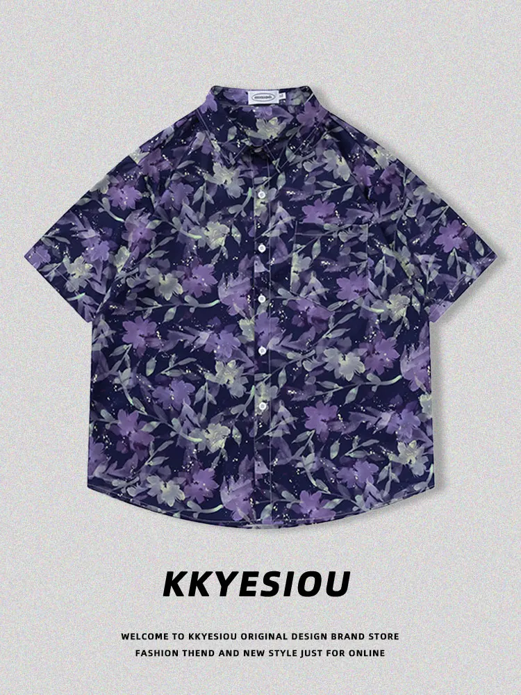 KKyesiou American Style Short Sleeve Shirt Floral Print Purple Unisex Retro Hip Hop Couple BF Jacket Youth Summer Loose Fit