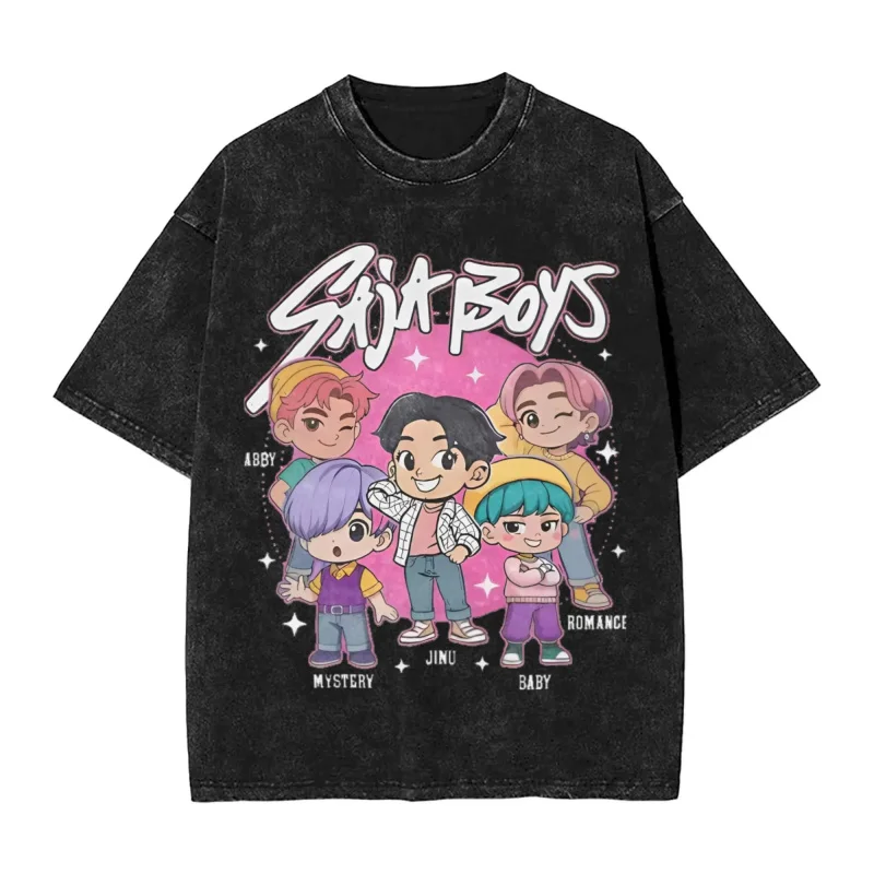 

Saja Boys Baby Jinu Mystery Romance Print Couple Y2K Classic Casual Loose Cotton Sleeve Oversize Top O-Neck Short Washed T-Shirt