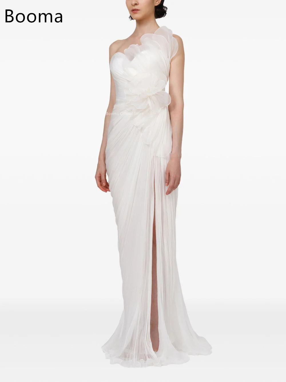 Booma Meerjungfrau, trägerlos, mit Falten, Blume, elegante Brautkleider, ärmellos, seitlich geteilt, Brautkleid nach Maß