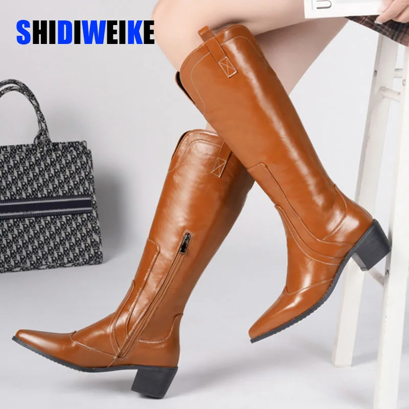 

SDWK4.5cm Women Western Boots Knee High Fashion Pointed Toe Cowboy Cowgirls Patent Leather Boots Slip On Chunky Block Heel Shoes