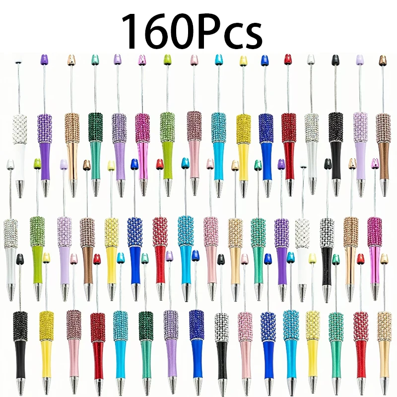 160Pcs Diamond Beadable Pens Multicolor Retractable Writing Pens Plastic Black Ink Bead Ballpoint Pens Making Kit DIY Pen