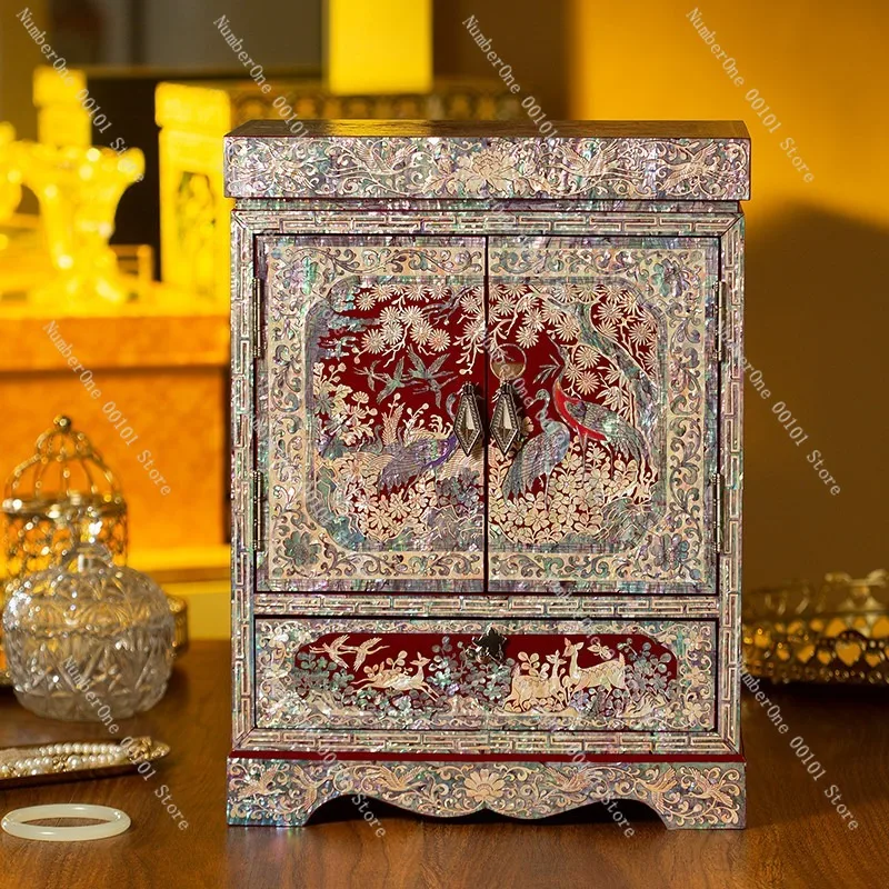 Mother Of Pearl Lacquer Jewelry Box Vintage Chinese Style Handmade Storage Organizer Large Capacity Wedding Bride Gift Cabinet