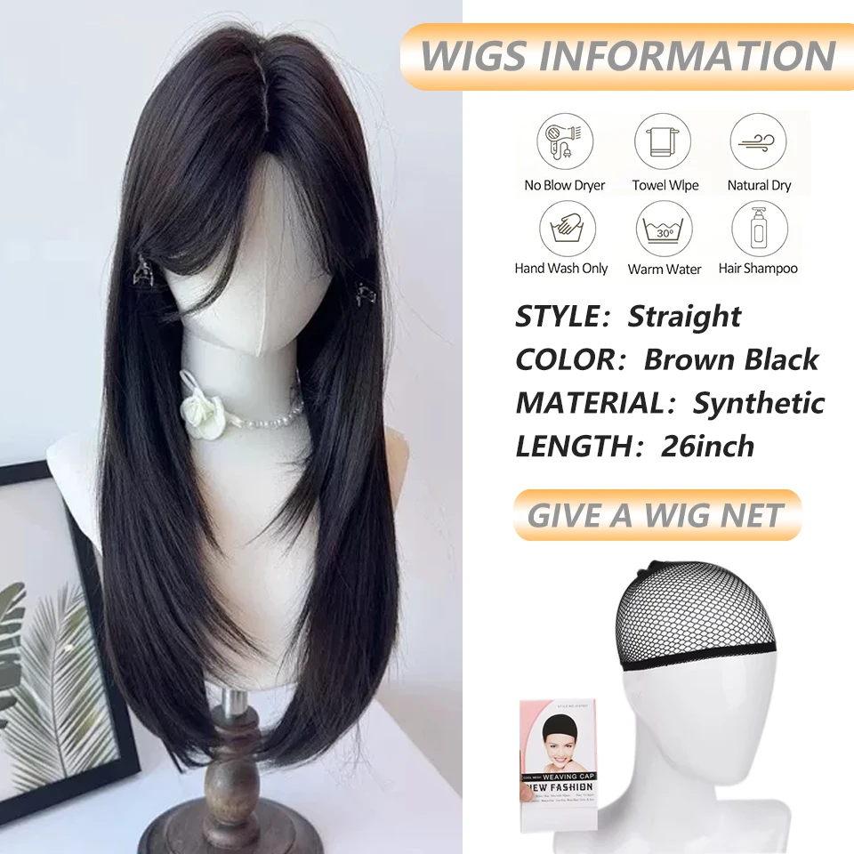 Long Straight Layered Wigs Black Brown Synthetic Bangs Wig Cosplay Daily Use Natural Hair Heat Resistant Wig for Women