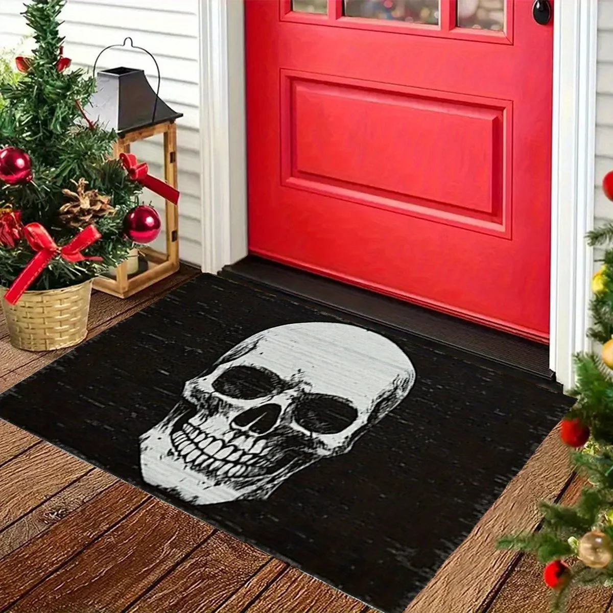 Gothic Skull Doormat Mat Black Skeleton Welcome Mat Halloween Decorations Indoor Outdoor Entrance Accent Rug Grunge Style Home