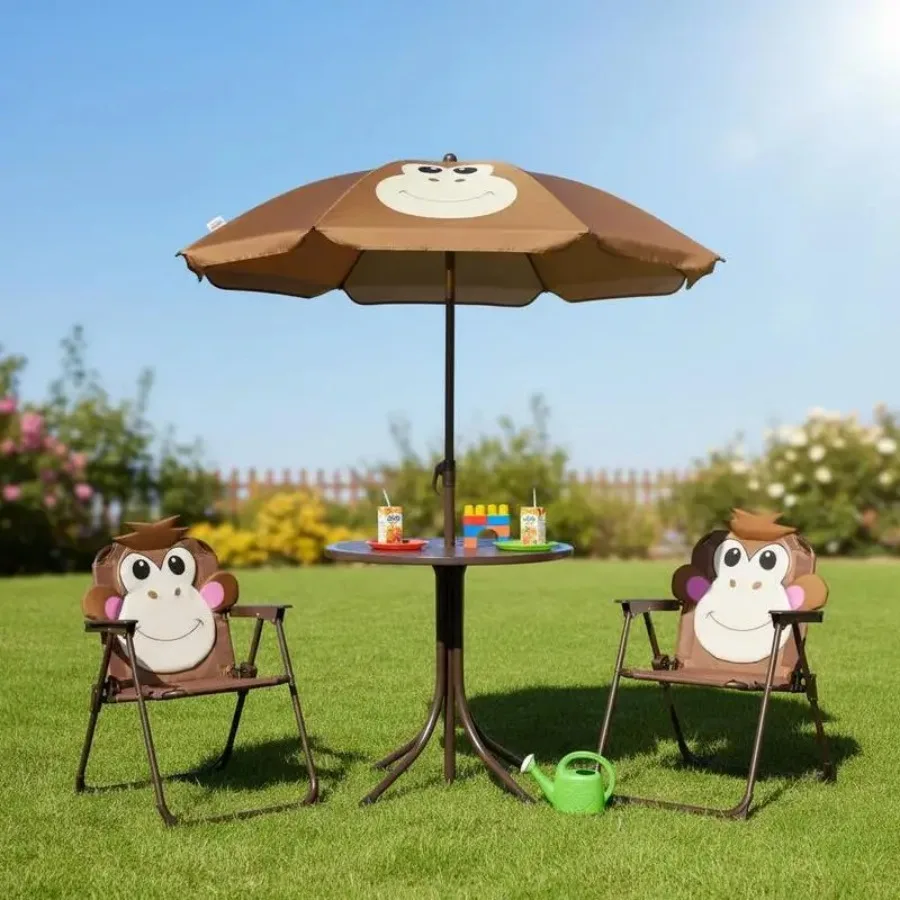 

Outsunny Kids Bistro Table and Chair Set, Outdoor Folding Garden Furniture w/Monkey Design, Removable, Adjustable Sun Umbrell