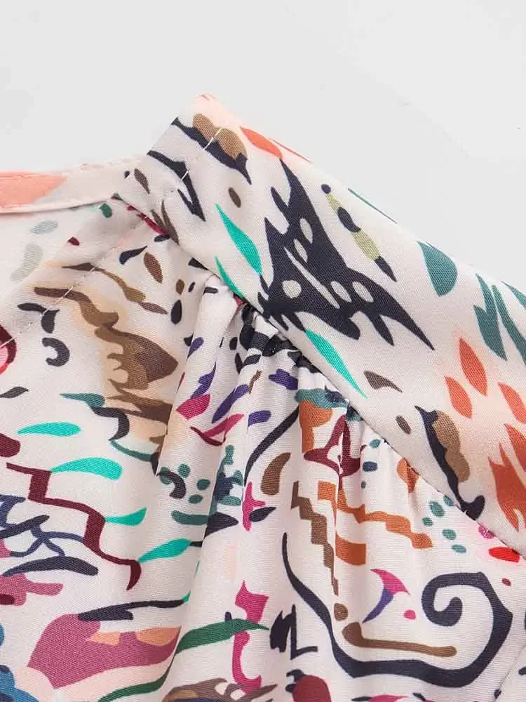 European style new women's fashion versatile temperament loose round neck printed shirt flared trousers suit