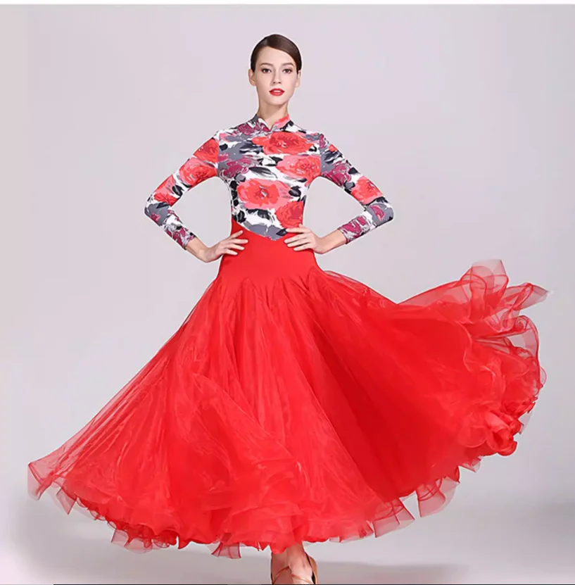 

Floral Full-Skirt Long Dress for Modern Dance and International Standard Dance