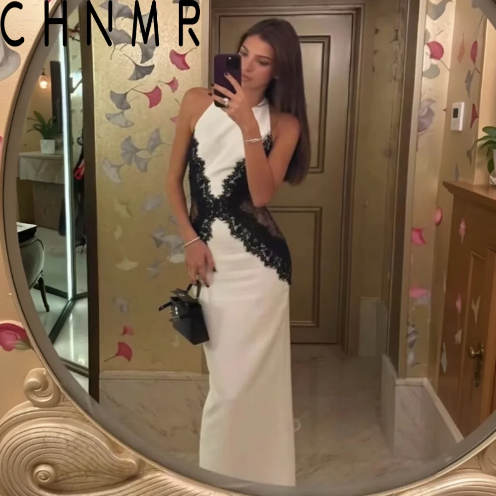 

CHNMR Lace Cut Out Slim Maxi Dress Women Elegant Patchwork Backless O-Neck Split Long Dresses Summer Sexy Party Female Vestidos