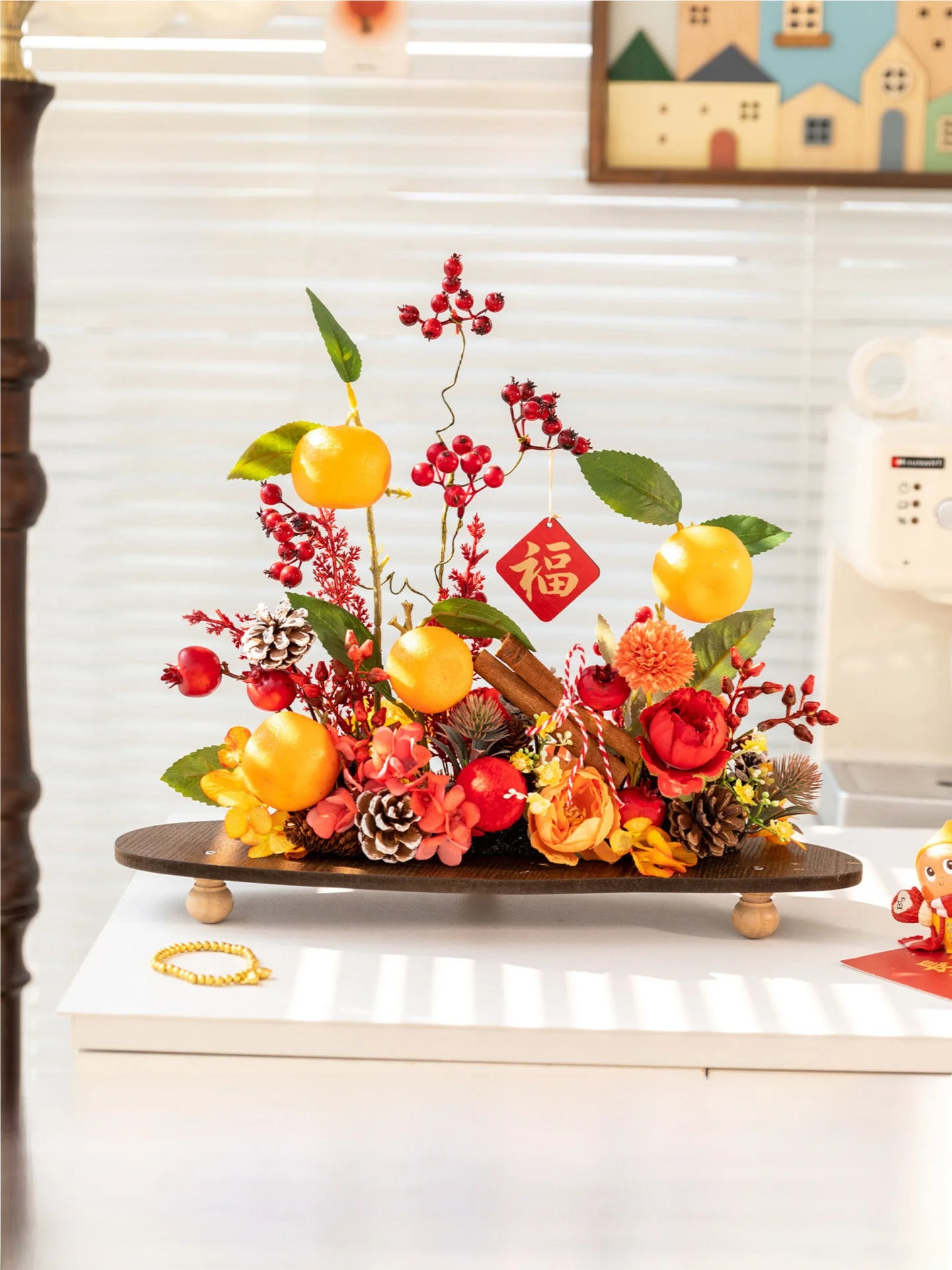 

New Year Decoration Orange Pomeanate Basket Artificial Flower Bouquet Premium Red Hing Buet Moving in Decor Home Acces...