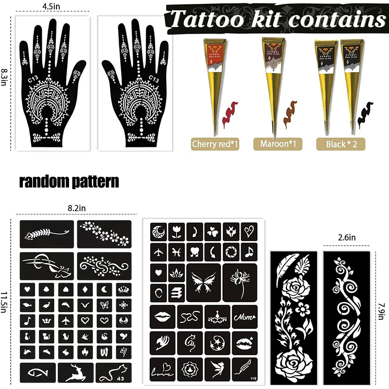 SUANGL Temporary Stencils Tattoos Kit, 4 Pcs Tattoo Cones 3 Color (2 Black 1 Borwn 1 Red) with Gloves Brush Tool