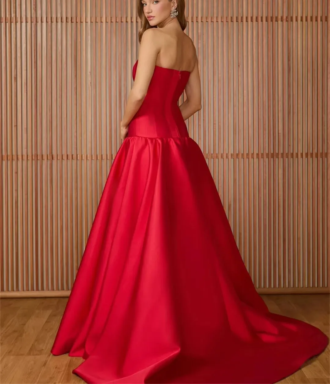 Elegant Red Mermaid Prom Dresses Strapless Pleats Satin Long Birthday Evening Formal Party Gowns Gala Robe De Soriee