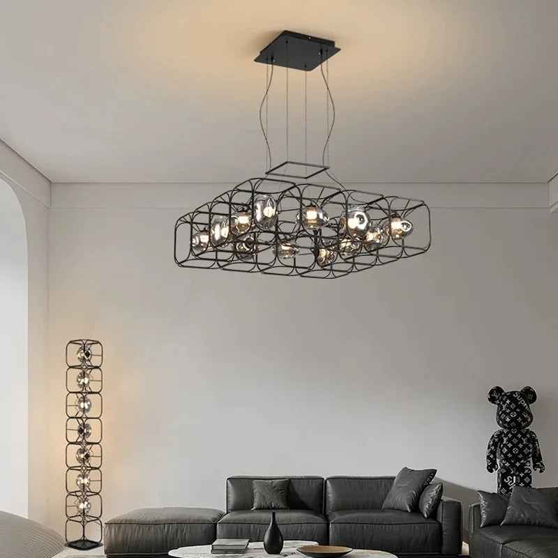 

American LED black glass chandelier with grey shade for living room, hotel ceiling decoration, dimmable Stainless steel lustre