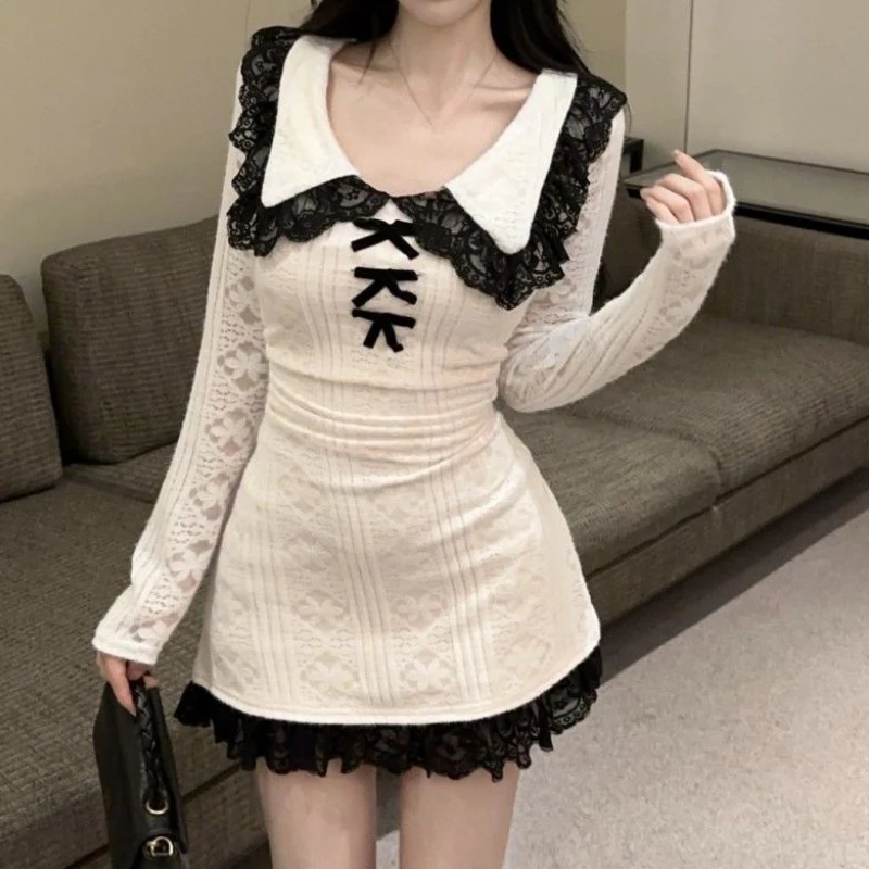 

French Elegant Lace Edge Stitching Wrap Hip Dress Female Hottie Slim Sweet Contrast Navy Lapel Dresses Casual Clothes 2025 New